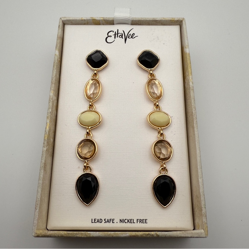 EttaVee Gold-Tone Drop Earrings w/ Black & Neutral Stones, NIB - Picture 4 of 5